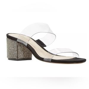 Schutz Victorie Embellished Block Heel Sandals 7M Transparent/Black